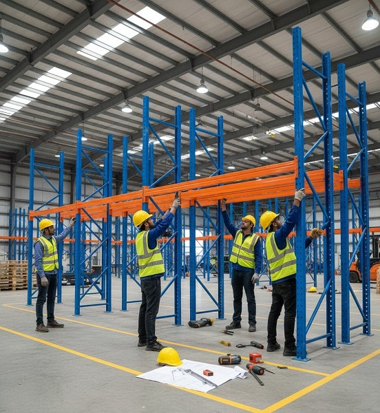Custom heavy duty rack manufacturer installing industrial storage racks in warehouse